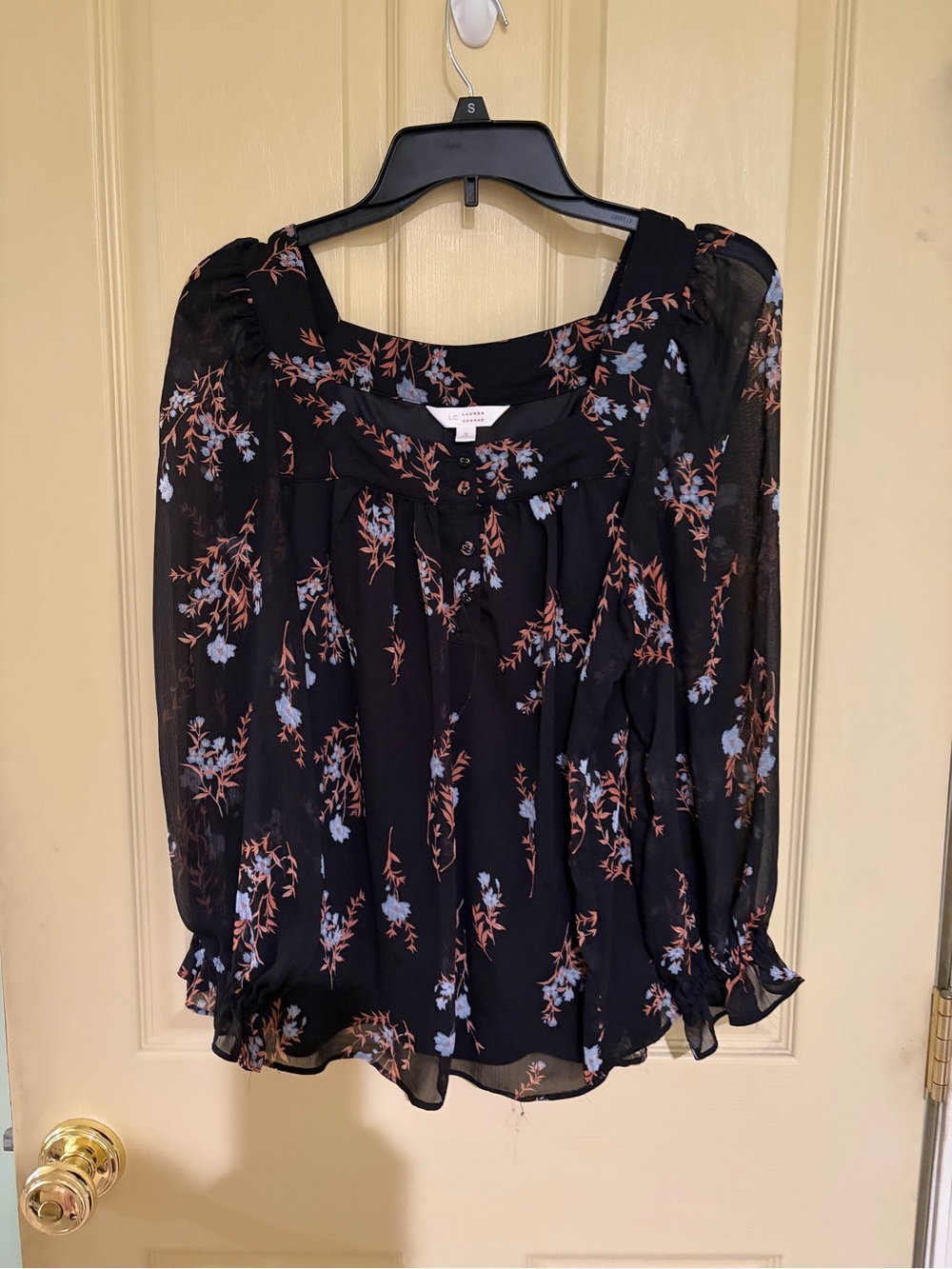 LC Lauren Conrad Black Floral Sheer Blouse with Blue and Brown Print